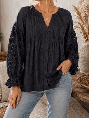 Women's Black Button Front Hi-Low Tunic Blouse Eyelet Bell Sleeves Medium Boho
